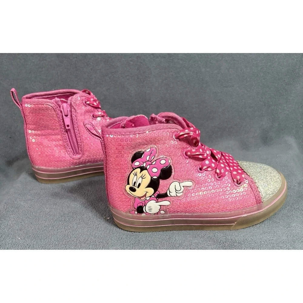 Disney Minnie Mouse High Top Light Up Size 9 Toddler ‎ Zip Lace Up Sequin Pink